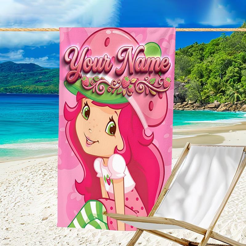 1pc Princess Strawberry Beach Towel with Custom Name, Beach and Seaside Swimming Pool Equipment, Fashion Pattern, Rectangular, Travel Essential