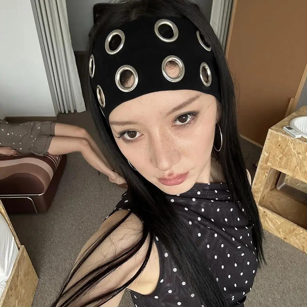 Wide Elastic Punk Headwrap Metal Eyelets Hollowed Out Eyelets Headband Rock Head Band  Women