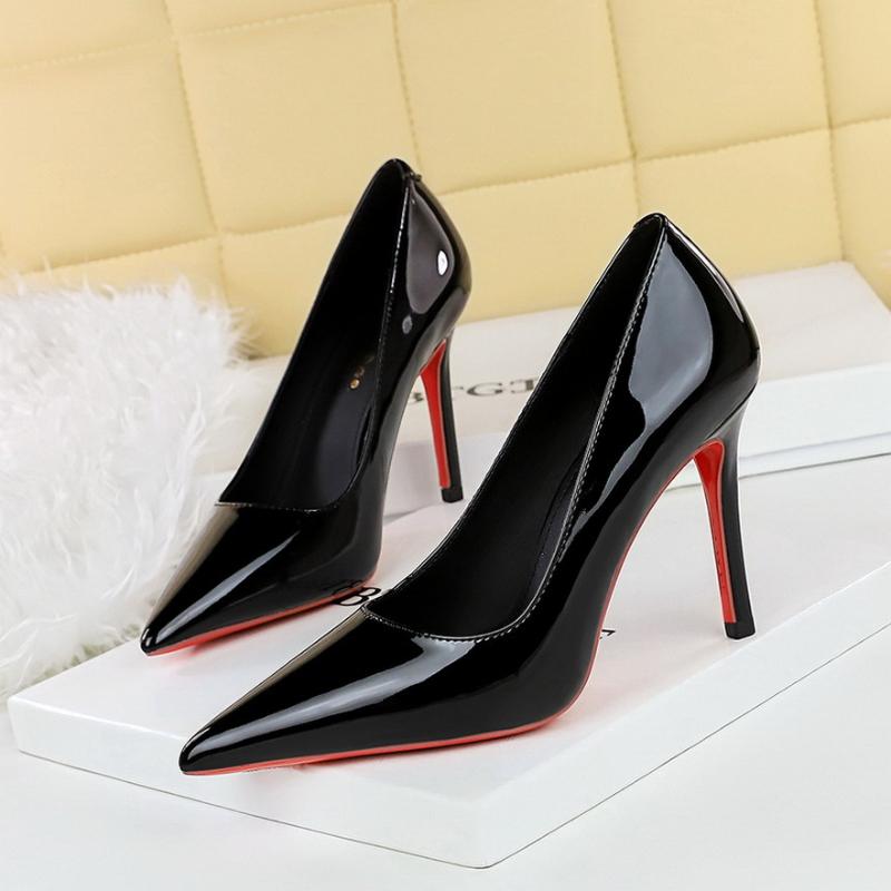 Fashionable Simple Slim Heels High Heels Glossy Patent Leather Shallow Mouth Pointed Toe Women's Shoes High Heels Single Shoes