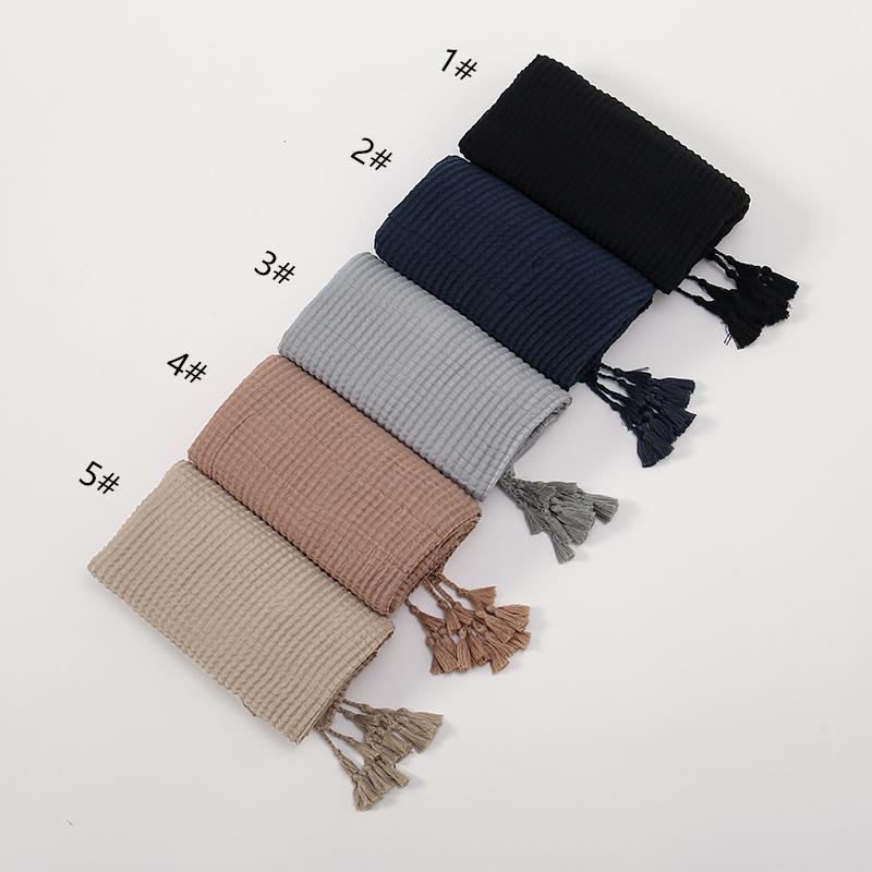 Crinkle Pleated Cotton Hijabs With Tassels Muslim Long Shawls Soft Headscarf Wraps Foulard Islam Turban Headband Solid Bandana