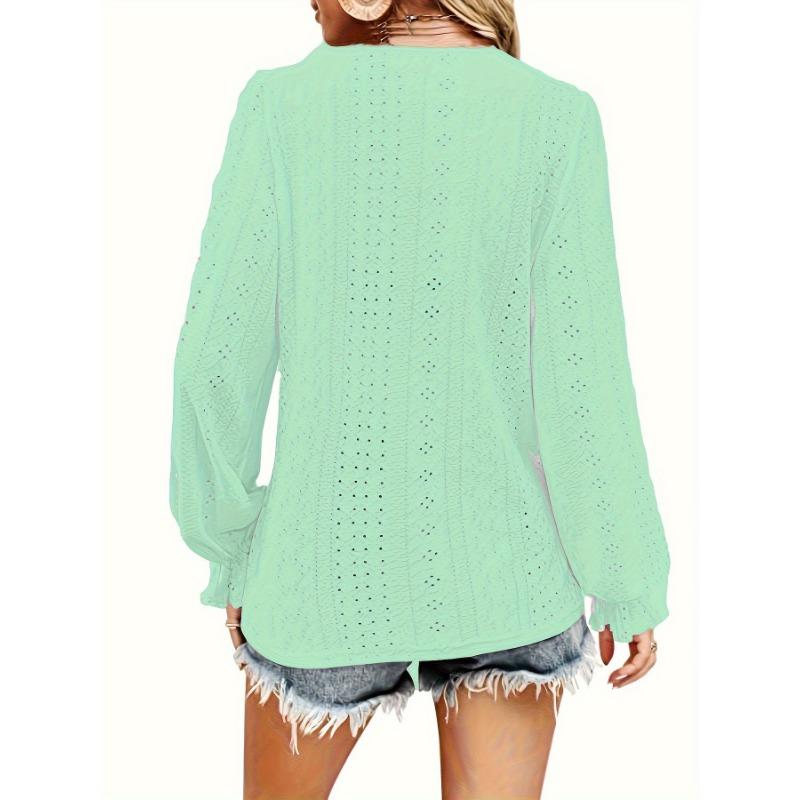 DAFIFY ქალთა მოდა შემთხვევითი გაზაფხული შემოდგომის სოლიდური პრინტით გრძელმკლავიანი V-კისრის ბლუზები და მაისურები