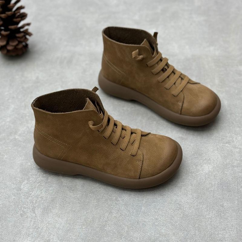 Literary and Handmade Leather Women's Short Boots Autumn and Winter New Round Head Flat Bottom Elastic Foot Cover First Layer Cowhide Women's Boots