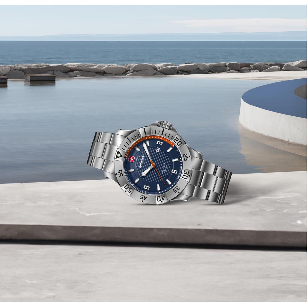 WENGER SEAFORCE Uhr Quarz Analog Edelstahlgehäuse Blaues Zifferblatt Edelstahlarmband 200m Wasserdicht 3 Jahre Garantie Geschenk Blau Herren