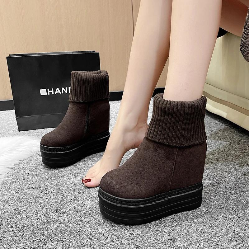 Moda 12,5CM Mulheres Meia Panturrilha Inverno Tricô Pelúcia Salto Escondido Mulher Quentes Botas de Inverno Moda Plataforma Sola Grossa Sapatos Bota Feminina