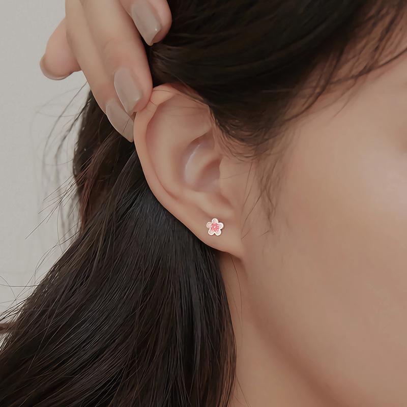 S999 Sterling Silver Pink Cherry Blossom Earrings for Women Sweet Screws Bead Earrings Simple Temperament Jewelry Gifts