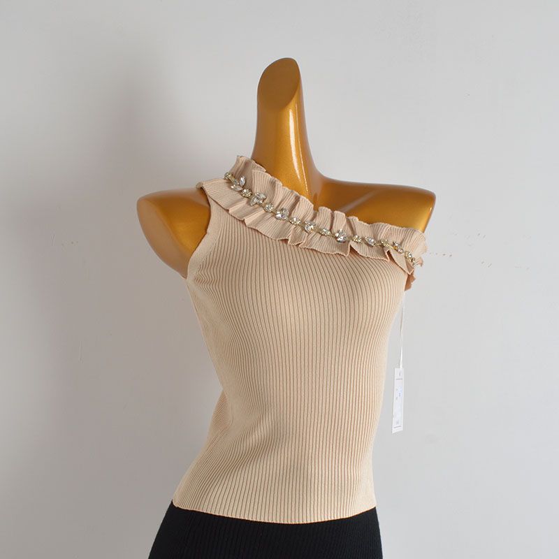 Pure Desire Style Sexy Oblique Shoulder Diamond Knitting Camisole Women's Summer Stylish Western Style Slim Fit Sleeveless Top