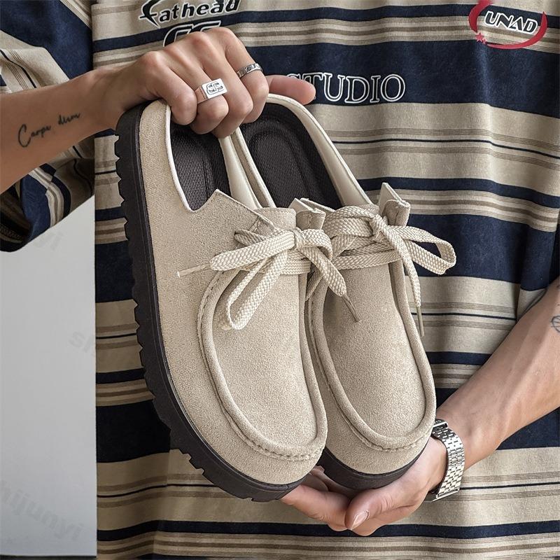 Men's Loafers 2025 Summer Comfortable Suede Casual Shoes Retro Platform Lace-up Flat Half Slippers Mules Zapatos Para Hombre