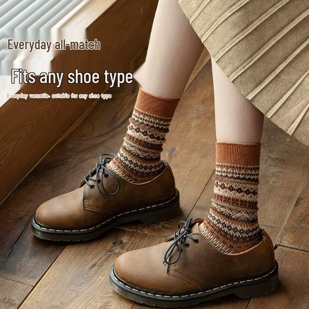 Meilaide Women's Retro Double-Needle Mid-Calf Striped Cotton Socks, Ethnic Style, Winter-Ready