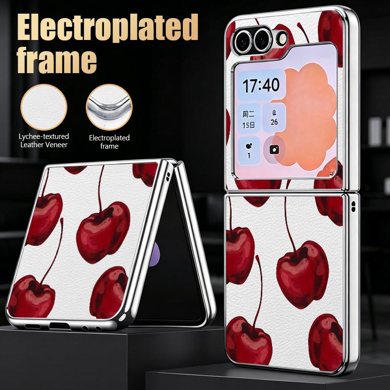 Cherry Fruits Print Case For Samsung Z Flip 8 7 6 5 Luxury Plating Leather Skin Folding Phone Cover For Galaxy Z Flip8 Flip7 Flip6