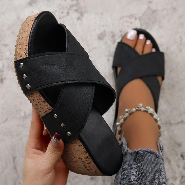 

Large size new summer bow platform slippers open-toed muffin heel beach shoes 43 43 чёрный
