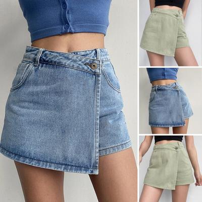 Mini Denim Skirt Shorts Women A-line Fake Two-piece High Waist Tummy Control Slim Vintage Summer Asymmetrical Streetwear Student Shorts
