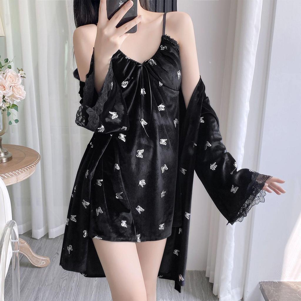 Women's Autumn/Winter Velvet Two-Piece Pajama Set - Butterfly Camisole Nightdress & Robe