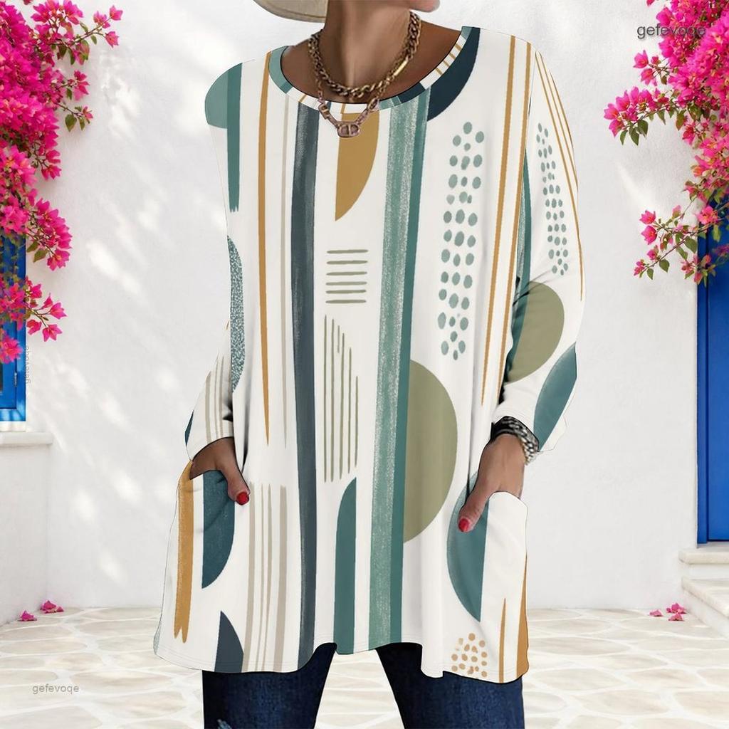 Women Plus Size Round Neck Long Sleeve Geometric Printed Loose Longline T Shirt With Pockets