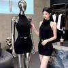 Elegant Korean Style Halter Sleeveless Knit Dress with Lace Open Back and Hip-Exposed Short Skirt