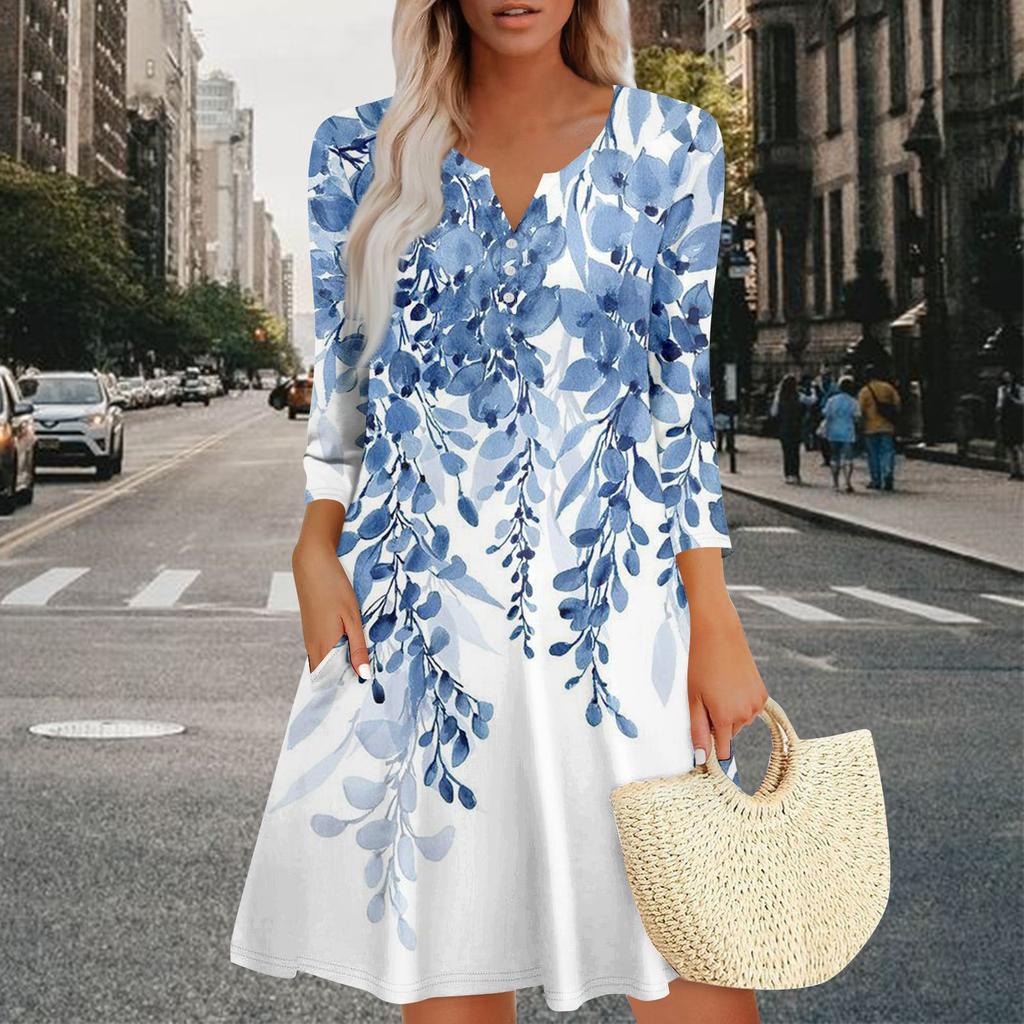 Women's Summer Dress Loose V Neck Three-quarter Sleeve Sundress With Pockets Dress