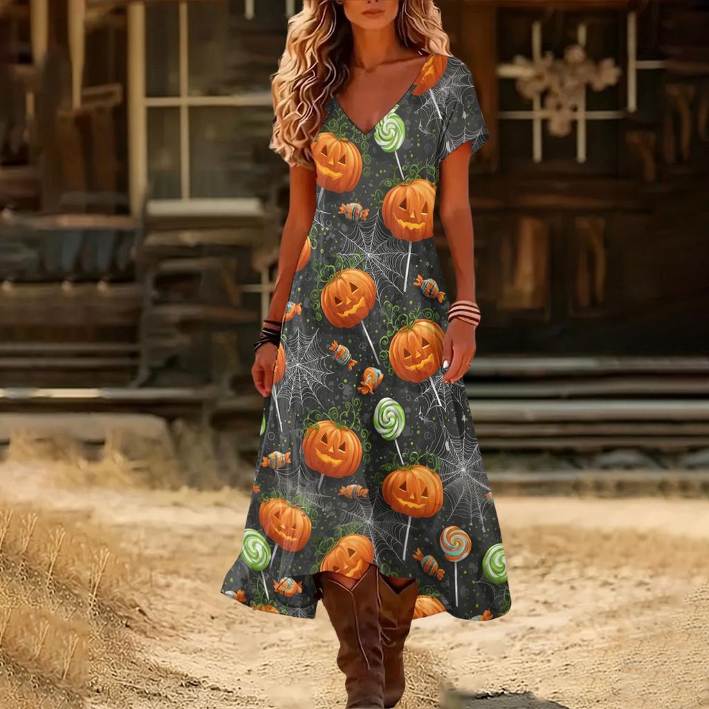 Womens Summer V Neck Short Sleeve Vintage Halloween Print Beach Dress Casual Loose Fit Holiday Maxi Dress