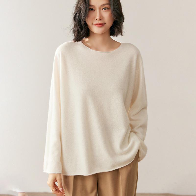 Lekasha Women's Cashmere Rolled Hem Sweater - Autumn/Winter, Twelve-Needle, Round Neck, Widened Sleeves, Loose Fit, Warm Base Layer
