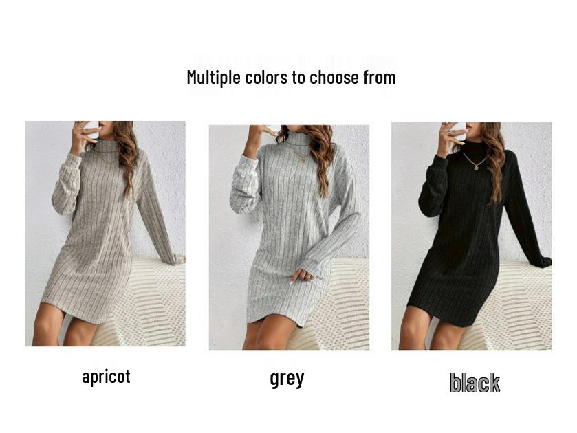 2024 Fall/Winter Women's Casual Solid Color High Neck Long Sleeve Knitted Dress