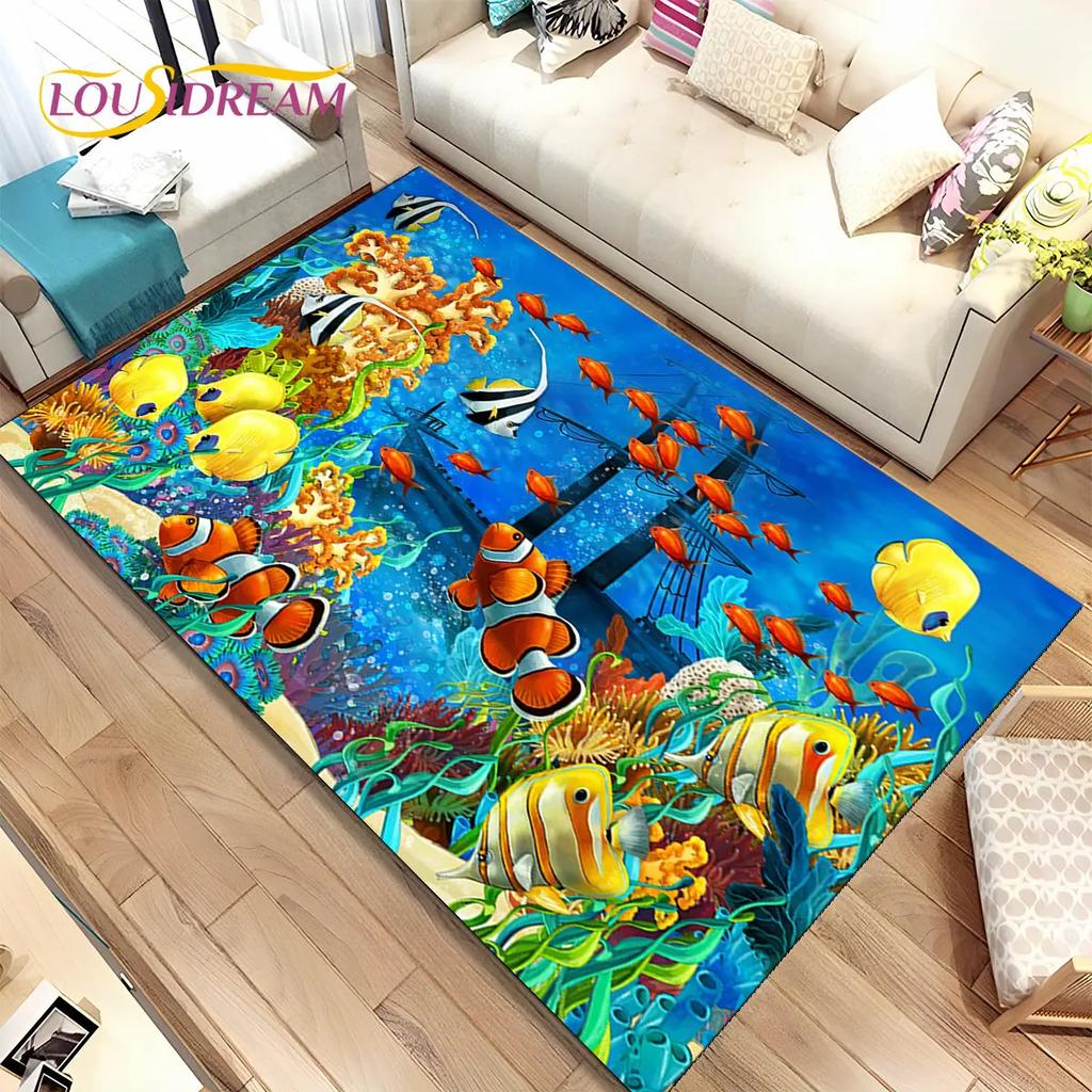 3D Seabed Underwater World Dolphin Turtle Area Rug,Carpet Rug for Living Room Bedroom Sofa Doormat,kids Play Non-slip Floor Mat