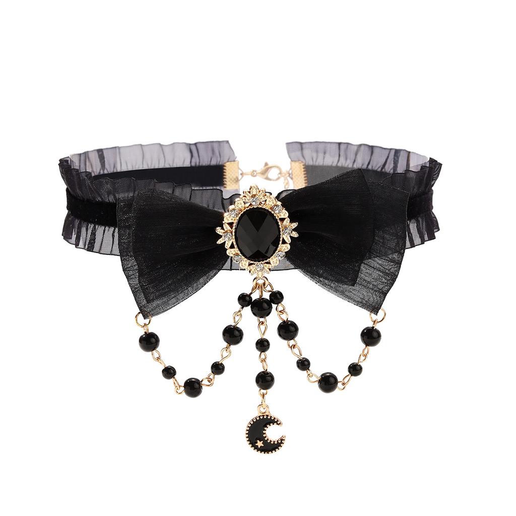 Harajuku Bead Tassel Lace Bow Choker, Minimal Elegant Short Neck Collar