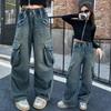 Weitbeinige Hosen Teenager Mädchen Jeans mit großer Tasche Vier Jahreszeiten Hohe Taille Mode Blau Cargo Denimhosen