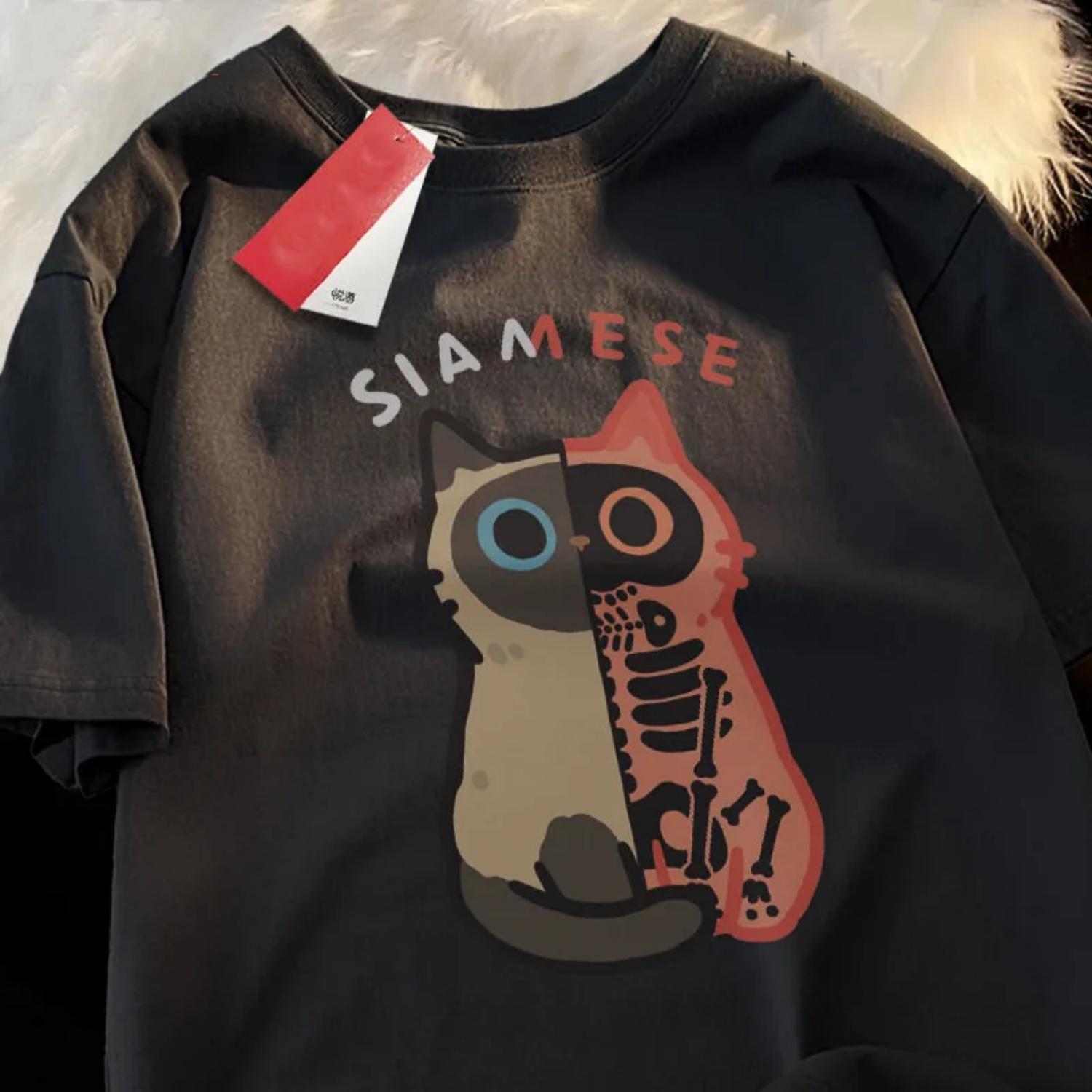 

Japanese Simple Casual Cartoon Printed Short Sleeved T-shirt Korean Ins Neutral Style Loose Round Neck Top S чёрный