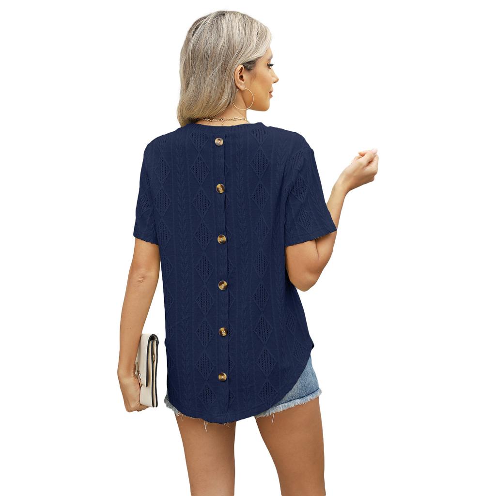 Summer Short Sleeve O Neck Solid Color Button Breathable Casual Women Pullover T Shirt Blouse Top