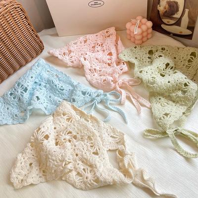 Knitted Headscarf Hat French Pastoral Style Triangle Headband Handmade Crochet Headband Towel Retro Flower Headscarf