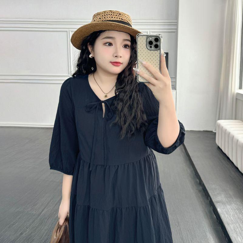 

Plus size women clothing [Korean Series Beautiful Long dress] Texture round Neck Lace-up High Waist 3/4 Sleeve Early Autumn Full Body Dress