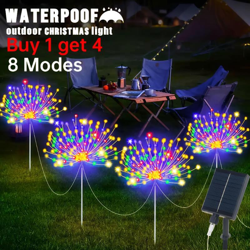 [Kaufe 1, erhalte 4] Solare Feuerwerksleuchten für den Außenbereich, wasserdicht, mit 8 Beleuchtungsmodi, Weihnachts-Hof-Festival-Party-Licht