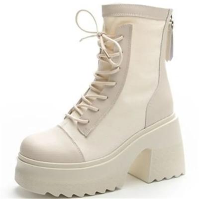 Äkta Läder 10cm Hög Klack Korta Damstövlar Mode Snörning Punkstil Skor Nya Höst Vinter Dam Ankelboots