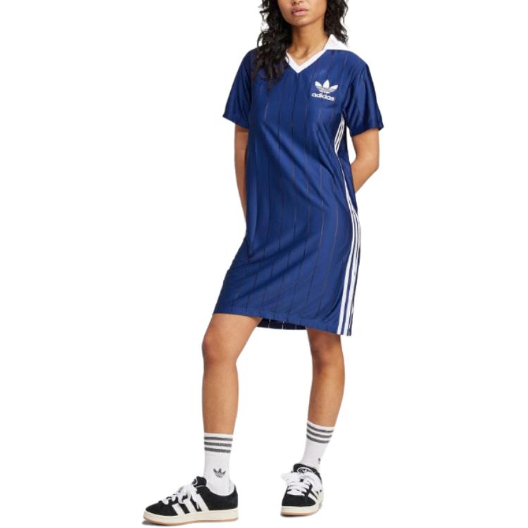 Adidas Originals Stripe Logo Comfort Soft Breathable Short Sleeve Dress Women Dress Navy IX5509