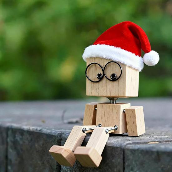 1 Set Christmas Shaking Wooden Man Wood Block Man Figurine with Shaking Legs 12 Magnetic Expressions Handmade Funny Santa Figurine