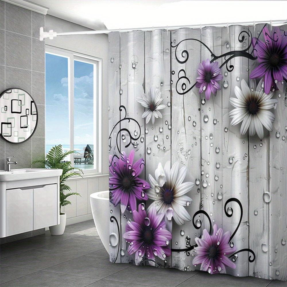 Purple Daisy Shower Curtain 3D Floral Design Wooden Background Water Droplets Bath Decor Waterproof Fabric Bathroom Curtain Set