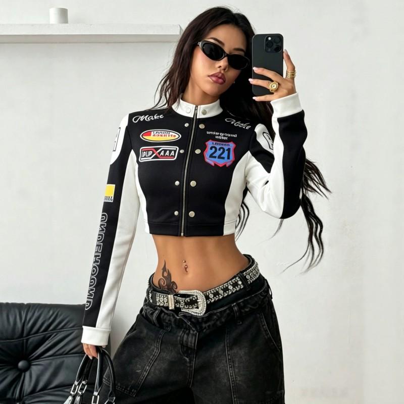 Womens Slim Fit Biker Style Baseball Jacket Stand Collar Zip-Up Casual Outerwear Streetwear