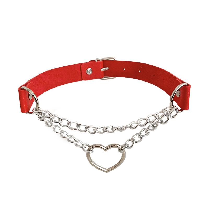 European & American Retro Heart Pendant Leather Choker Necklace - Peach Heart Shape Chain Jewelry
