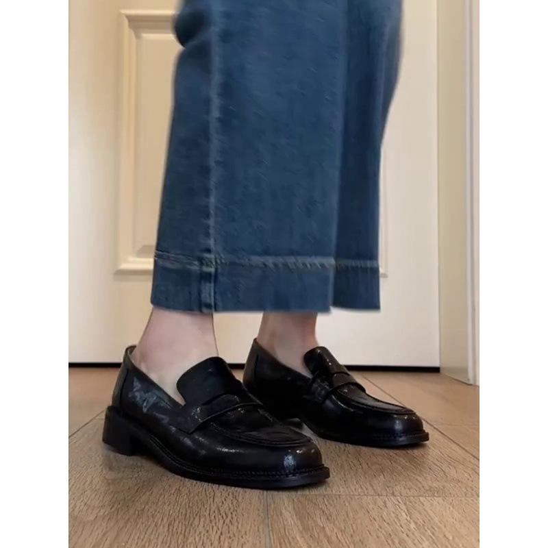Cowhide version~ leather round head retro small leather shoes women's British style black platform lazy single shoes thick heel loafers