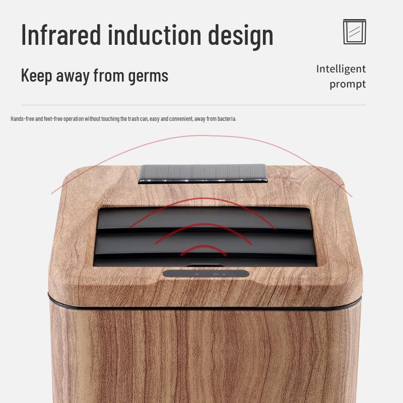 Wood Grain Smart Induction Trash Can for Home Sorting
