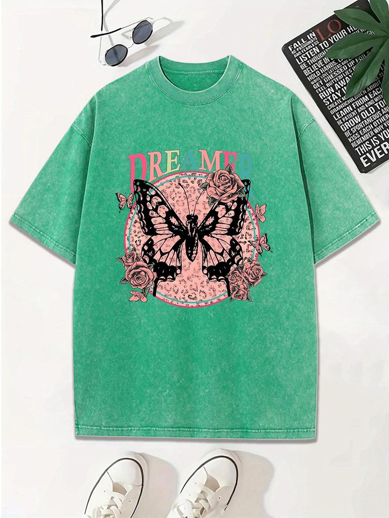 Dreamer Butterfly Printing Washed TShirts Womens Cotton Oversized Tops Comfortable Distressed ONeck T Shirts Summer Clothes