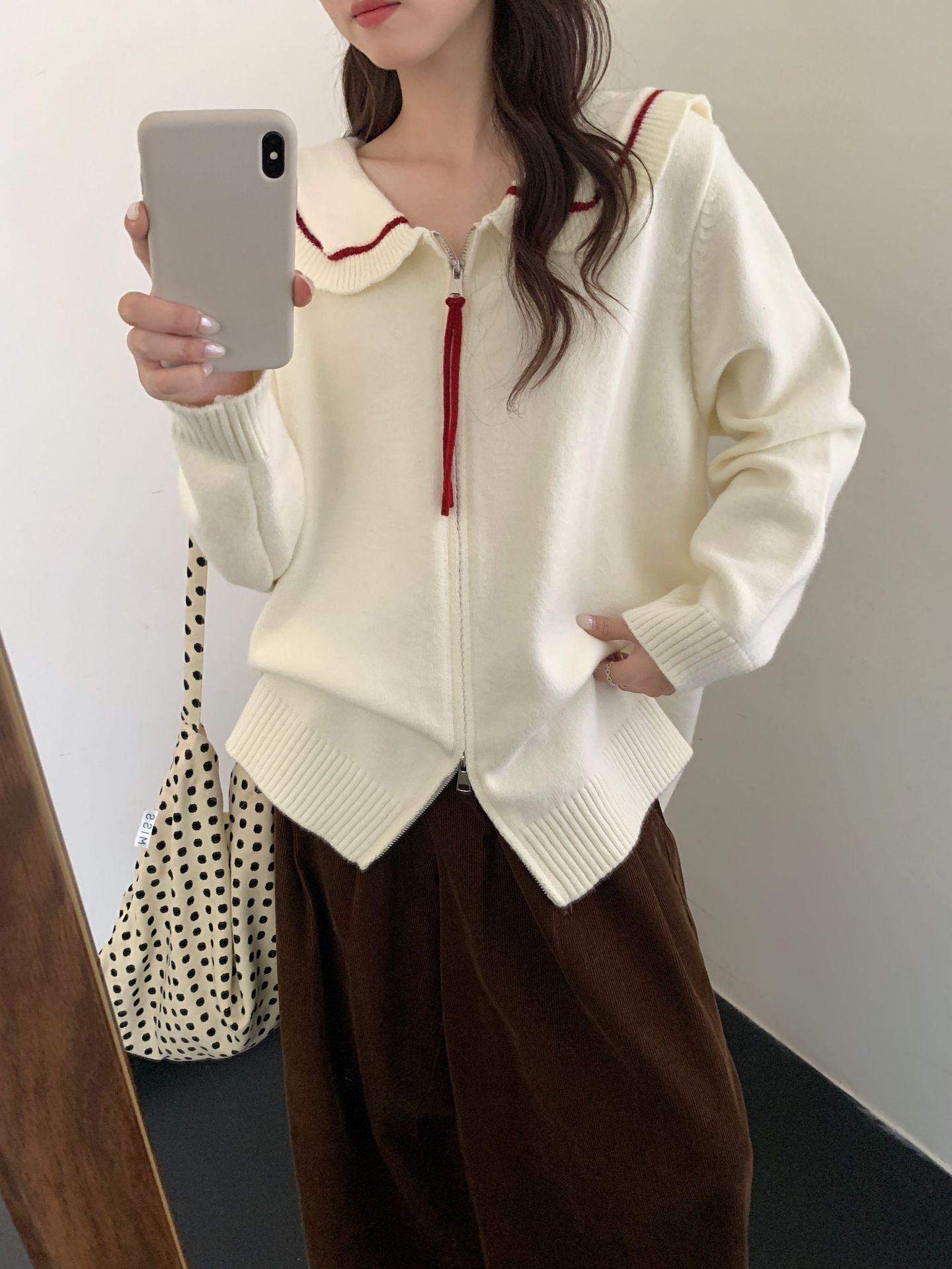 

Large size women s clothing autumn and winter new double zipper casual age-reducing knitted sweater slim lapel color matching sweater jacket top L (180-110 kg)