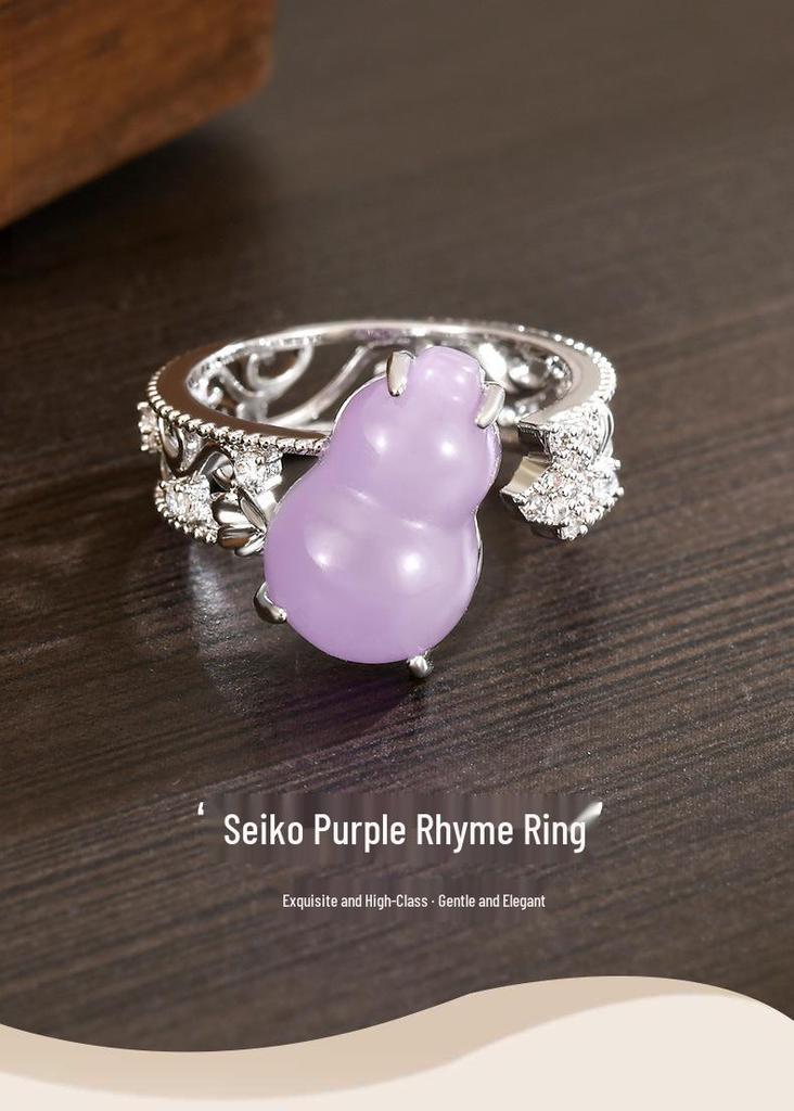 Elegant Jade Purple Gourd Fu Lu Ring: Adjustable Women's Ring with Diamond Accents In New Chinese Style