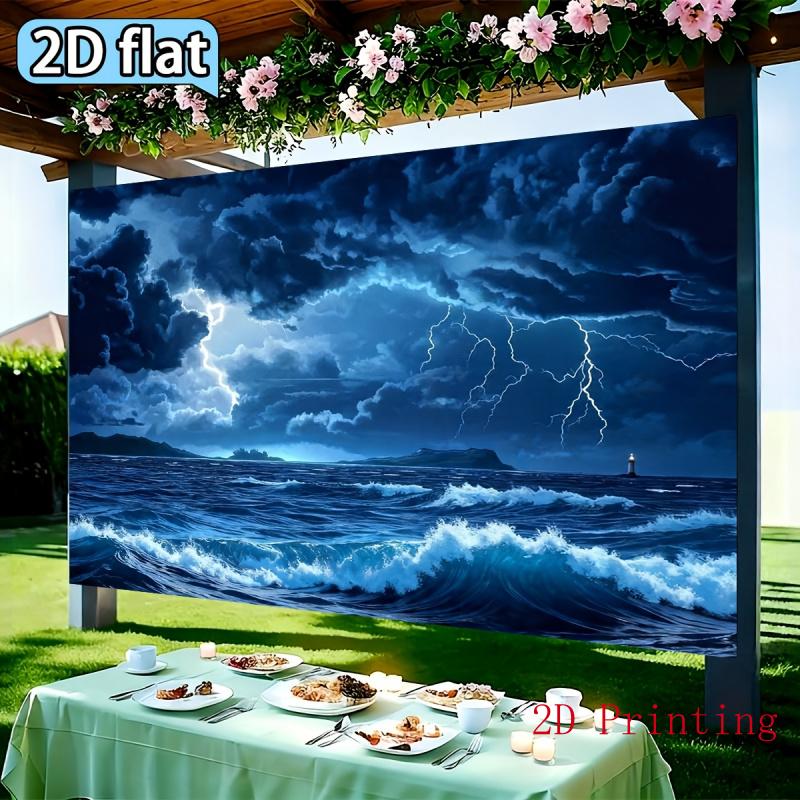 2D Flat Party Backdrop Banner - Deep Blue Ocean Lightning Storm Scene, Polyester Photo Background for Wedding, Birthday & Graduation Decor