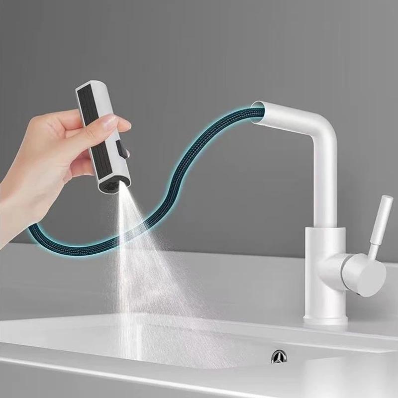 White Bathroom Sink Faucet Washbasin Faucet Pull Out Waterfall Stream 3 Way Sprayer Hot Cold Water Sink Mixer Wash Tap