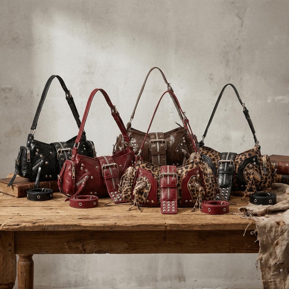 PU Leather Gothic Rivet Shoulder Bag Leopard Print Polyester Lining Underarm Bag Black Color Multi Strap Crossbody Bags Date