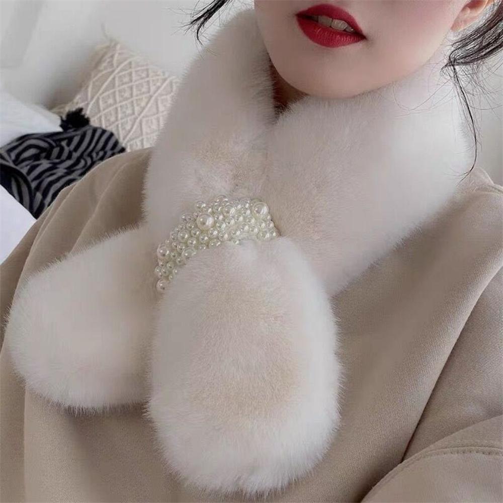 Pearl Scarf Winter New Style Thickened Korean Version of Cross-warmingwool Wool Rabbit-like Neck Collar