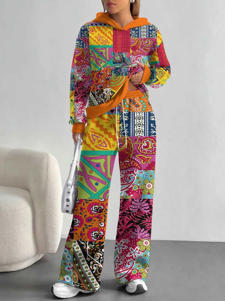 Retro Pattern 1116 European and American Autumn and Winter Casual Long-sleeved Suit Women's Hooded Sweater Trousers Two-piece Set