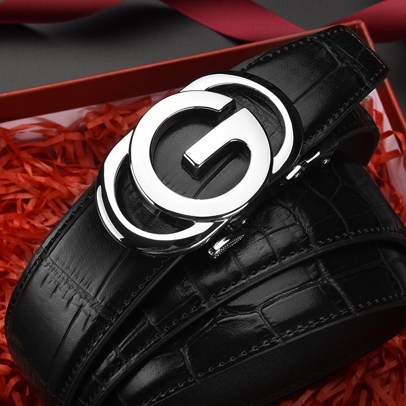 Male Alligator Pattern Leather Belt Imitation Steel Alloy Large G Letter Automatic Buckle, Light Luxury