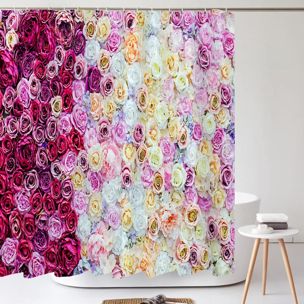 1Pcs Pink flower printing waterproof shower curtain,  Rose flowers wall bathroom decorative curtain with plastic hooks
