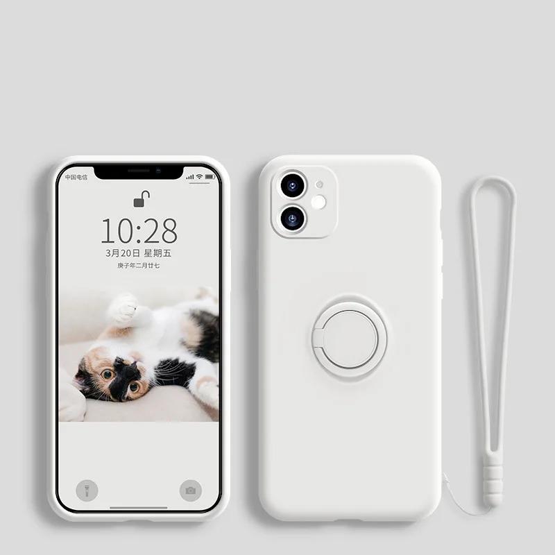 Luxury Liquid Silicone Metal Ring Holder Phone Case for Honor 20 30 30s V30 V40 50 SE 60 70 80 90 Pro Back Cover with Lanyard Shockproof
