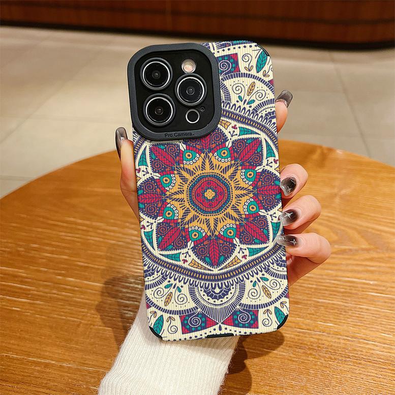 Vertical Grain Leather Shell Mandala Printed Patterned Shockproof Soft Silicone Case with Camera Lens Full Protection for iPhone